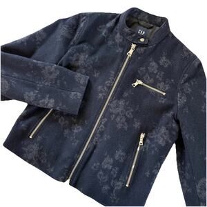 Gap Women’s Zip Biker Moto Jacket Wool Blend Navy Blue Gray Floral Size Medium